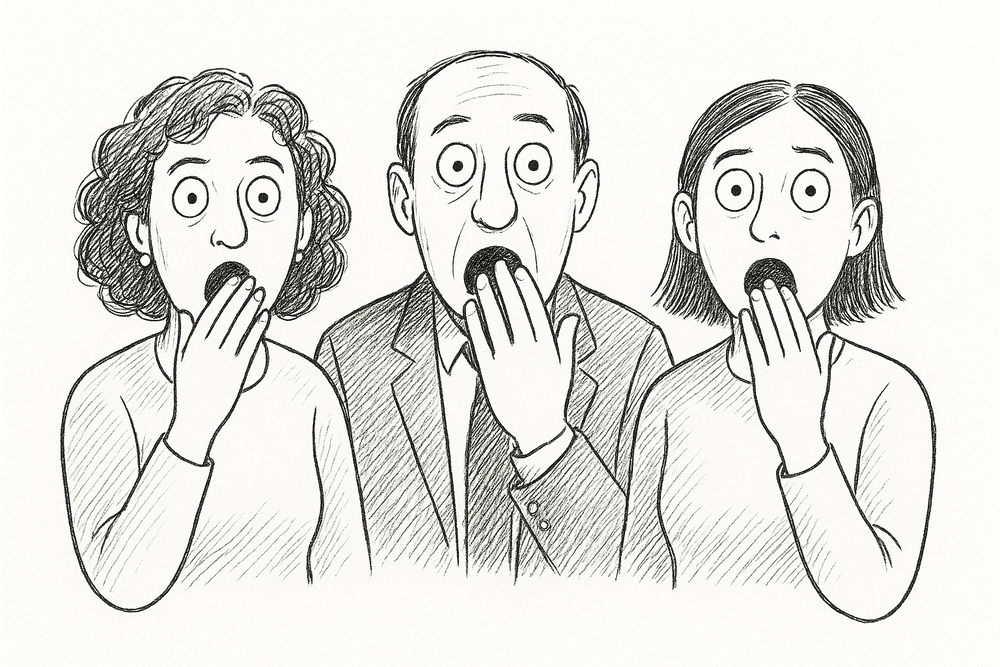 Three people gasping in shock, New Yorker cartoon style